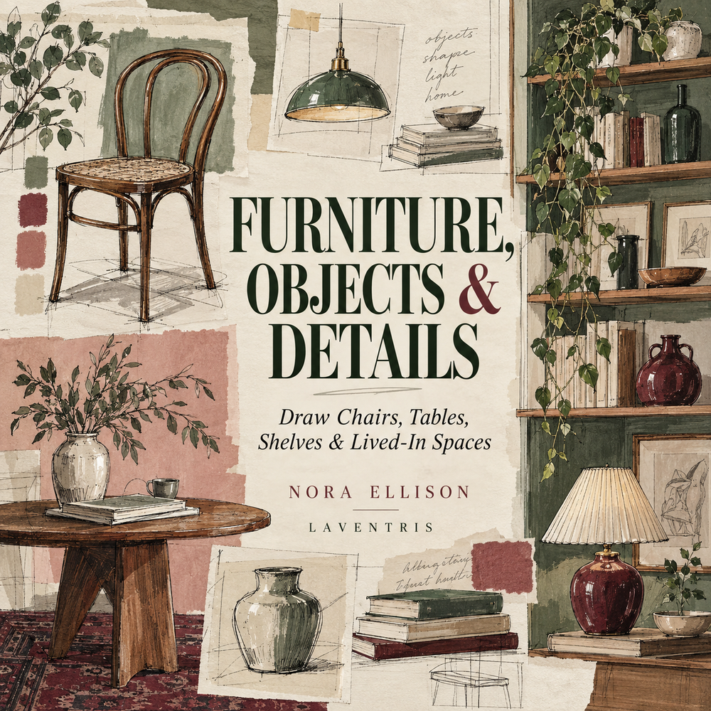 Cover of Furniture, Objects & Details, a LAVENTRIS digital interior-drawing guide.